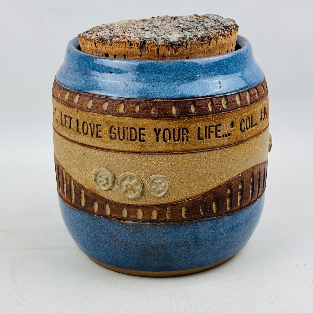 Down to Earth Pottery Jar Cork Lid Blue Let Love Guide Your Life Colossians 3:14